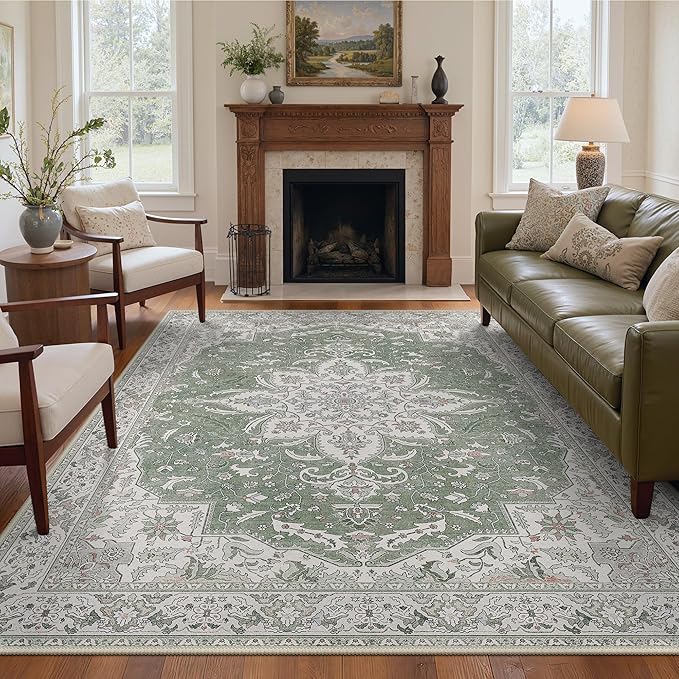 GENIMO 8X10 Washable Vintage Area Rugs for Living Room, Non-Slip Low Pile Chenille Print Rug, Soft Rugs for Bedroom Dining Room Home Office, Sage & Linen