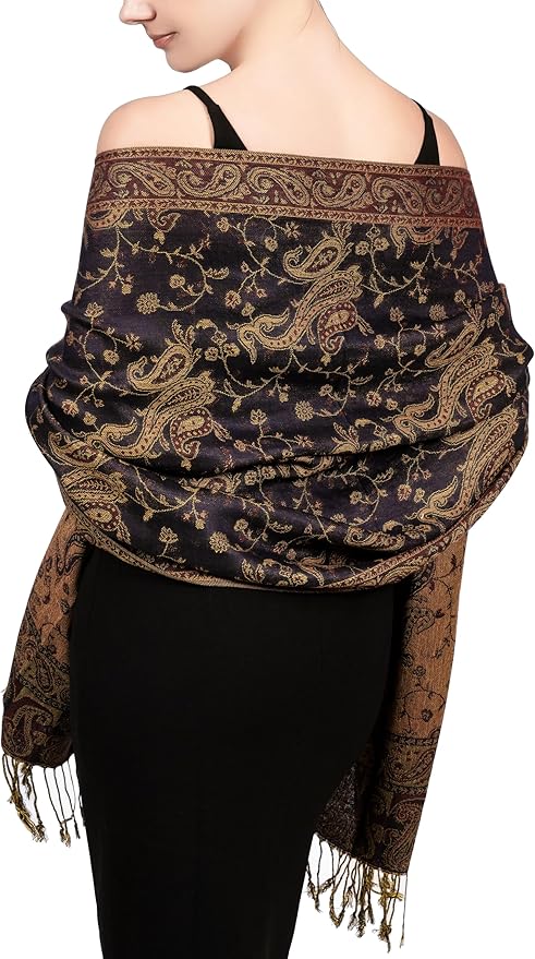 Achillea Reversible Paisley Pashmina Rave Scarf – Exotic Indian Shawls and Wraps for Evening Dresses, Festivals, All Seasons