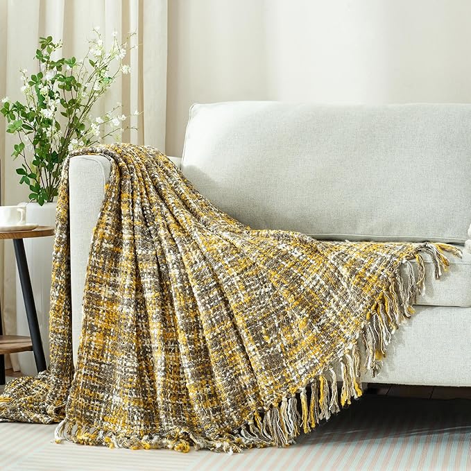 Multi-Color Gold Cable Woven Throw Blanket for Couch,50"X60" Boho Style Textured Blankets for Home Decor,Super Soft Warm Cozy Chunky Blanket with Decorative Tassels for Bed and Sofa