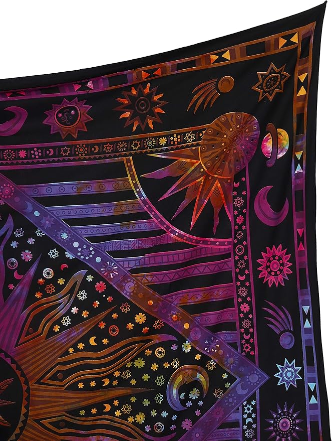 Popular Handicrafts Wall Hanging Tapestry For Bedroom Hippie Sun Moon Bohemian Hippy Psychedelic Design Indian Tapestries Bedspread 84 x 90 Inches (215cm x 230cm) Multicolor