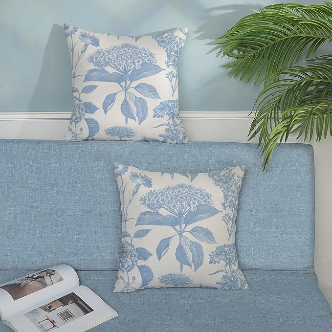 Baby Blue Pillow Covers 18x18 Set of 2 Vintage Boho Floral Hydrangea Herbs Botanical Throw Pillows Outdoor Flower Decoration Pillowcase Linen Farmhouse Cushion Case Decorative for Couch Sofa