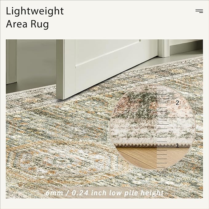 Washable Area Rug 8x10, Large Soft Rugs for Living Room Vintage 8x10 Area Rugs for Bedroom Dining Room Non-Slip Stain Resistant Under Table Green Orange Rug