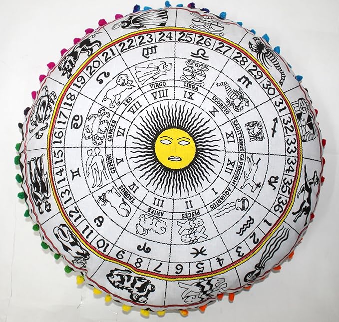 CRAFT KALA Large Round Bohemian Floor Pillow Pouf Cover Mandala Meditation Room Pillow Cover for Adults Boho Seating Poufs Cushion Cover for Kids Playroom 32" Round Yellow and White Zodiac
