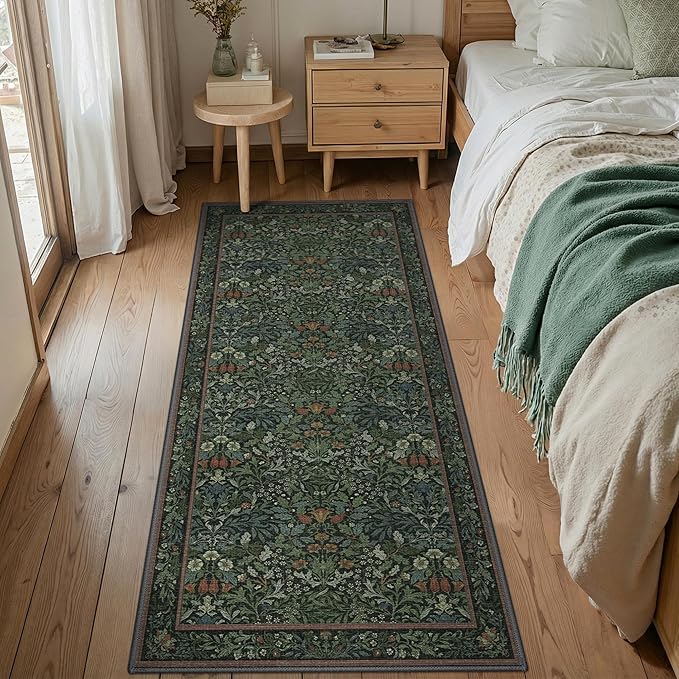 GENIMO Washable Floral Runner Rug 2x7, Non-Slip Long Hallway Carpet for Entryway, Kitchen, Indoor Floor Use, Vintage Boho Soft Thin Rug Décor, Dark Green