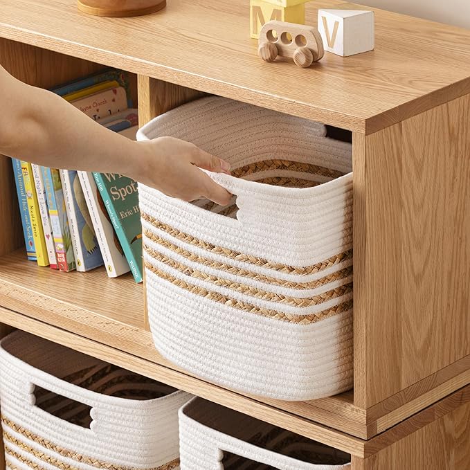 UBBCARE Set of 4 Storage Cubes 11 X 10.5 X 10.5 in, Water Hyacinth Storage Bins for Shelves, Toys, Book, Storage Baskets with Handles, Cotton Rope Woven Baskets for Organizing, White