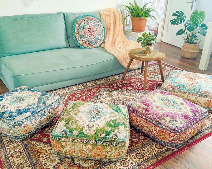 Mandala Life ART Moroccan Pouf Ottoman Cover Green Square Meditation Pillow Case Boho Room Décor Moroccan Seating Area Perfect for Living Room, Bedroom, Nursary or Children Room Cotton 24x8 Unstuffed