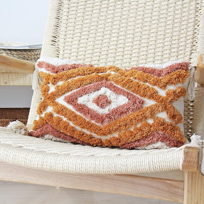 JOJUSIS Boho Lumbar Throw Pillow Covers with Handmade Tassels Decorative Woven Tufted Orange Lumbar Pillowcase for Couch Bedroom 12 x 20 Inch