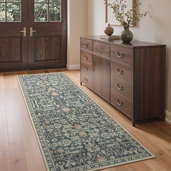Bavni 2X6 Rug Runners for Hallways, Washable Runner Rug Non Slip, Vintage Floral Print Style Rugs for Bedroom-Lightweight Low Pile Carpet for Kitchen Bathroom,Green/Blue