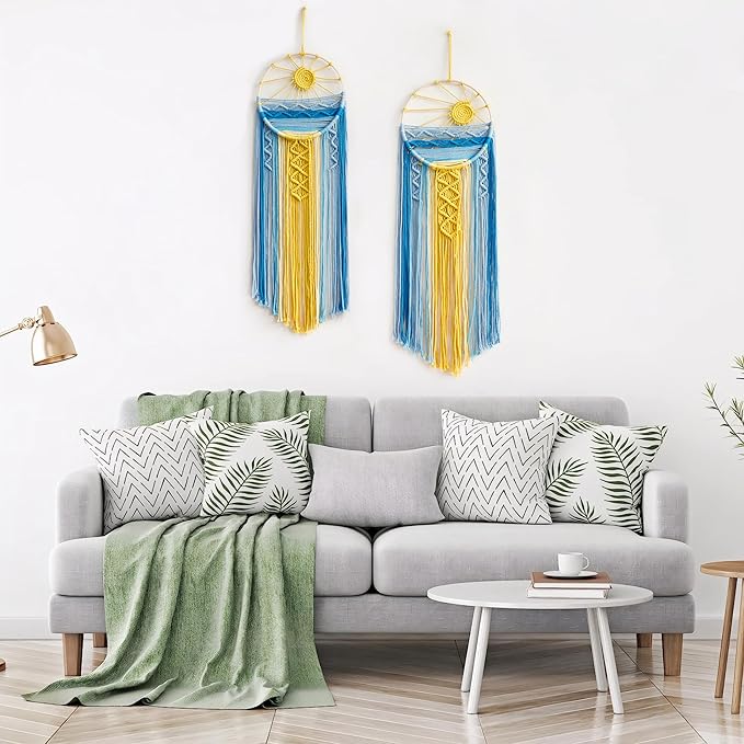 Artilady Mcrame Blue Sun Wall Decor- Boho Wall Hanging Tapestry Sunset Wall Art, Boho Woven Tapestries Big Dream Catcher Colorful Decor for Bedroom Living Room Nursery (Blue Sunset)