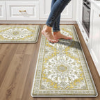 Boho Kitchen Mats for Floor 2 Piece Set Anti Fatigue Cushioned PVC Kitchen Rugs Non Slip Waterproof Farmhouse Mats 2/5 Inch Comfort Standing Mat for Sink, Laundry, 17.3"x47"+17.3"x28", Yellow