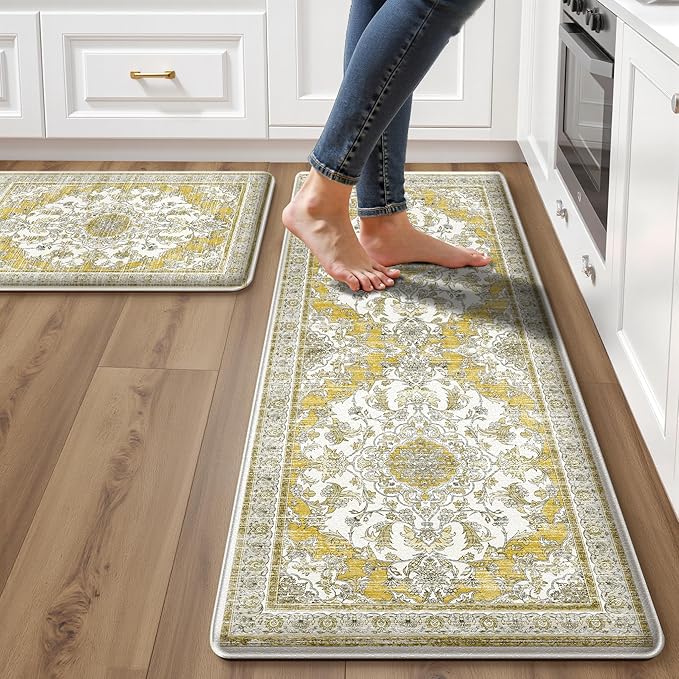 Boho Kitchen Mats for Floor 2 Piece Set Anti Fatigue Cushioned PVC Kitchen Rugs Non Slip Waterproof Farmhouse Mats 2/5 Inch Comfort Standing Mat for Office, Laundry, 17.3"x59"+17.3"x28", Yellow