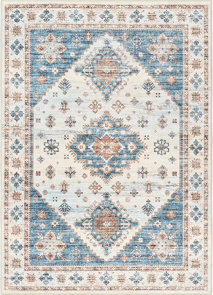 Area Rugs 5x7, Low Pile Non-Slip Backing Rugs, Super-Soft Home Decor Washable Rugs 5x7 Under Table, Foldable Floral Vintage Area Rug for Living Room (Blue/Beige, 5'x7')