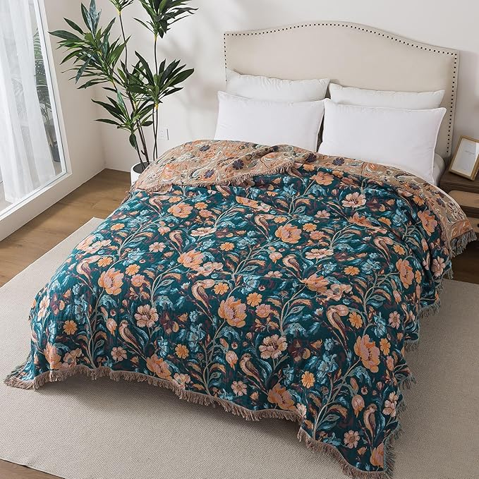Boho Throw Blanket Twin Size, Soft Cozy Cotton Muslin Quilt Blanket for Bed Decor, Floral Patterned Couch Sofa Chair Cover, Vintage Farmhouse Cottage Tapestry Woven Blanket, Teal&Taupe