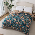 Boho Throw Blanket Twin Size, Soft Cozy Cotton Muslin Quilt Blanket for Bed Decor, Floral Patterned Couch Sofa Chair Cover, Vintage Farmhouse Cottage Tapestry Woven Blanket, Teal&Taupe