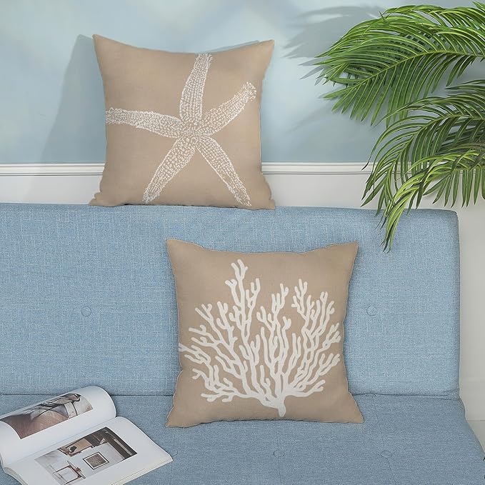 Coastal Pillow Covers 20x20 Inch Set of 2 Brown Tan Coral Starfish Throw Pillows Summer Nautical Beach Ocean Decorations Linen Pillowcase Outdoor Decor Farmhouse Cushion Case for Home Bedroom
