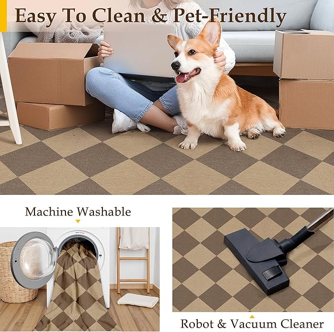 2x8 Checkered Easy Jute Runner Rug Non Slip Hallway Kitchen Washable Outdoor Rug for Entryway Indoor Checkerboard Brown Long Indoor Outdoor Carpet for Bedside Entry Front Door Porch