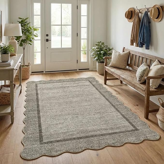 GarveeHome Scalloped Washable Rugs for Entryway 3x5 Rug Super Soft Entry Rug Non-Slip, Printed Faux Wool Floral 3x5 Area Rug Thin Floor Carpet for Kitchen, Bedroom, Office, Living Room, Brown