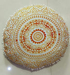 CRAFT KALA Mandala Floor Pillow Cushion Cover Seating Throw Cover Hippie Decorative Bohemian Ottoman Poufs Pom Pom Pillow Cases Boho Indian Cotton Living Room Yoga Home Décor (24" Round, Yellow Ombre)