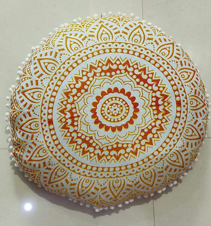 CRAFT KALA Mandala Floor Pillow Cushion Cover Seating Throw Cover Hippie Decorative Bohemian Ottoman Poufs Pom Pom Pillow Cases Boho Indian Cotton Living Room Yoga Home Décor (24" Round, Yellow Ombre)