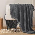 Exclusivo Mezcla Twin Size Knit Blanket with Fringes for Bed, Reversible Super Soft and Warm Woven Boho Throw for All Season, Home Decor, 60"x80", Dark Grey