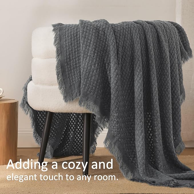 Exclusivo Mezcla Twin Size Knit Blanket with Fringes for Bed, Reversible Super Soft and Warm Woven Boho Throw for All Season, Home Decor, 60"x80", Dark Grey