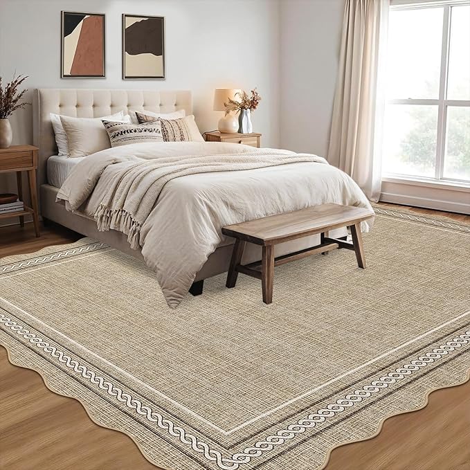 GarveeHome Washable Area Rugs 9x12 Living Room Rug Scalloped Jute Printed Non Slip Soft Bedroom Rugs Low Pile Foldable Large Rug Stain Resistant Carpet for Nursery Dining Room Classroom, Jute