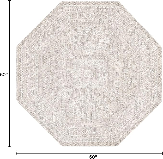 Rugs.com Outdoor Aztec Collection Rug – 5 Ft Octagon Light Gray Flatweave Rug Perfect for Living Rooms, Kitchens, Entryways