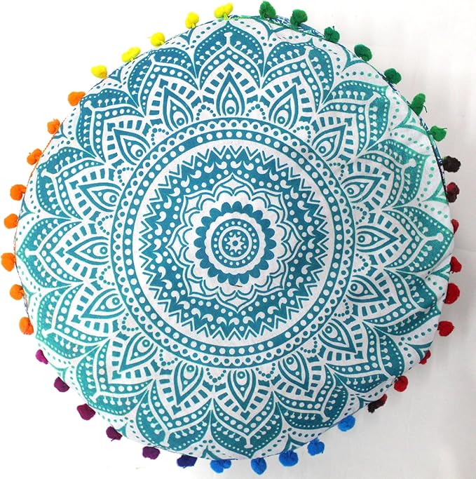 CRAFT KALA Green Ombre Large Hippie Mandala Meditation Floor Ottoman Pillow Cushion Pouf Cover Square Poufs Bohemian Circle Floor Cushion Case Outdoor Fireplace Yoga Living Room Decor Cover 24" Round