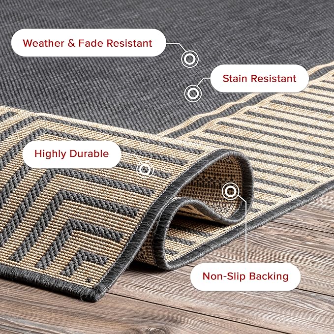 Nuloom Asha Dark Grey/Ivory, 8' x 10', Casual, Striped Border, Soft and Cozy, High Traffic, Stain Resistant, Easy Clean, Durable Area Rug for Indoor/Outdoor Patio, Deck, Porch, Garden, Courtyard