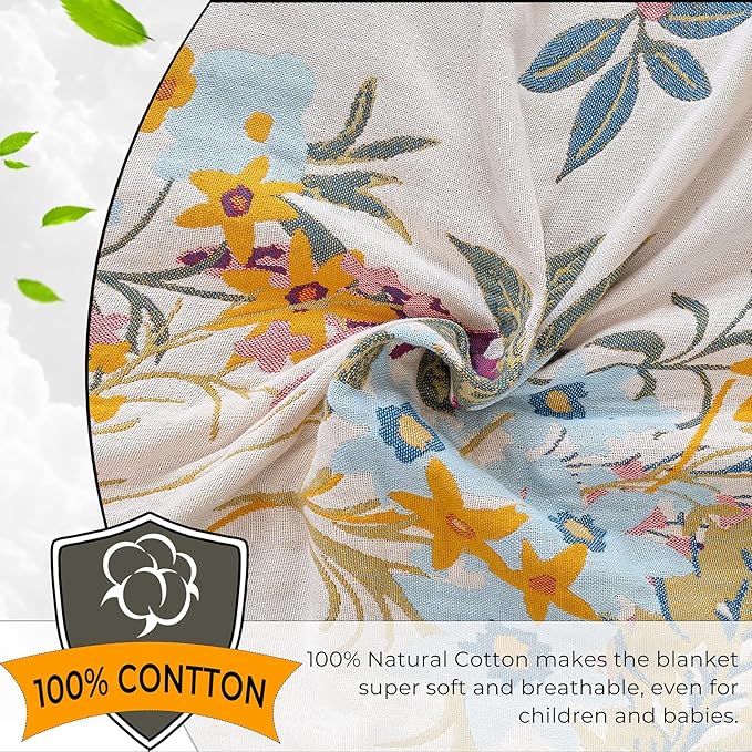 Boho Throw Blanket for Home Decor,Ultra Soft Throw Rustic Classic Quilt,100% Cotton Muslin Blankets for Adults, Reversible Woven Decorative Blanket for Bed Layering Use, Colorful Floral, 50"x60"