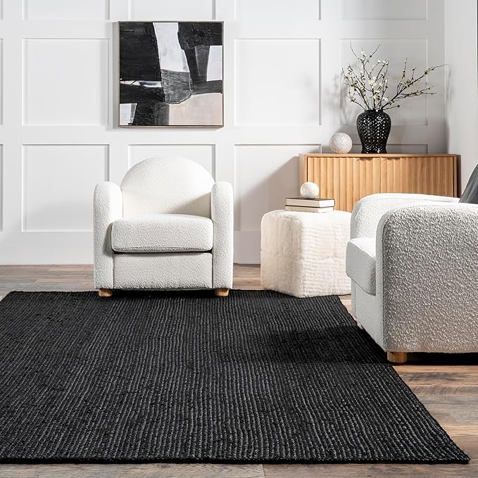 nuLOOM 5x8 Rigo Jute Hand Woven Area Rug, Black, Solid Farmhouse Design, Natural Fiber, For Bedroom, Living Room, Dining Room, Hallway, Office, Kitchen, Entryway