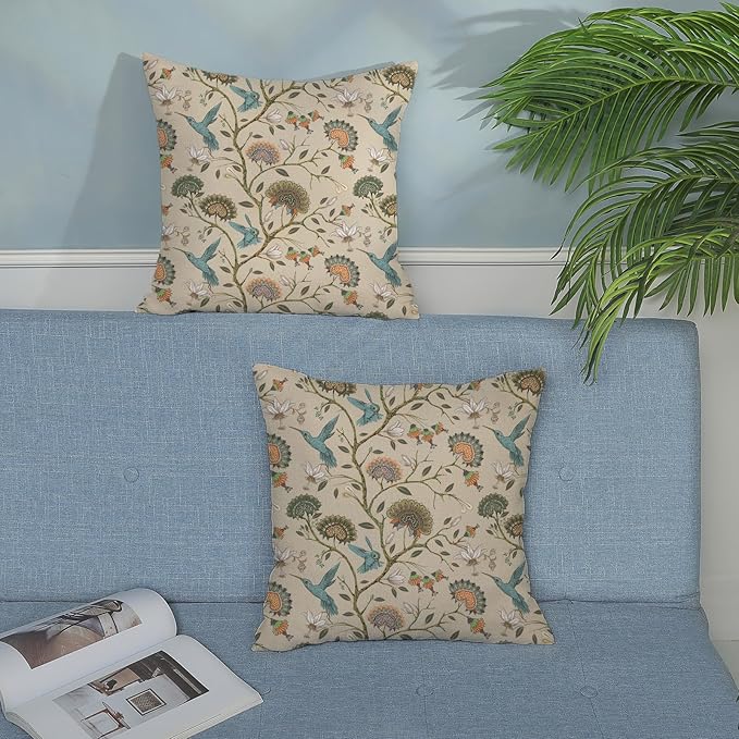 Chinoiserie Pillow Covers 18x18 Inch Set of 2 Blue Green Bird Floral Throw Pillows Vintage Plants Flower Decorations Pillow Cases Outdoor Chinoiserie Decor Linen Cushion Cover for Couch Home