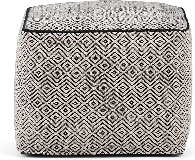 SIMPLIHOME Brynn Square Pouf - 18 inch Wide Handwoven Cotton Ottoman in Patterned Black and Natural, Boho Footstool, Coffee Table or Extra Seating for Living Room or Bedroom, Assembled