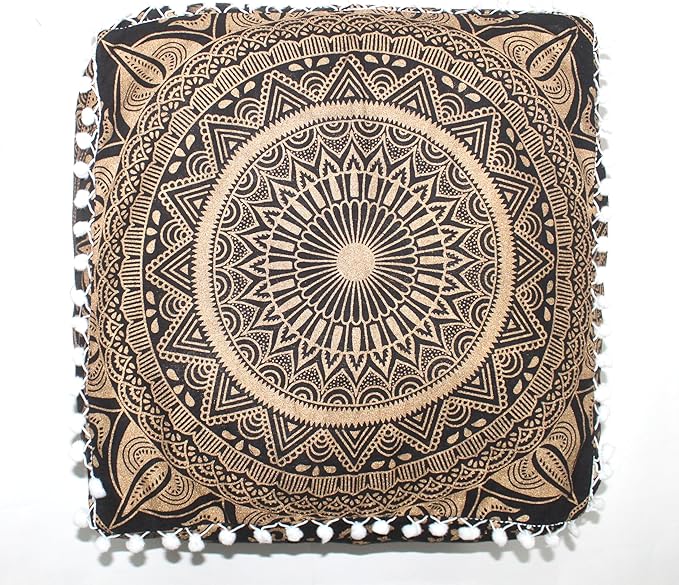 CRAFT KALA 24" Square Large Hippie Mandala Meditation Floor Ottoman Pillow Cushion Pouf Cover Square Poufs Bohemian Circle Floor Cushion Case Outdoor Fireplace Yoga Living Room Decor Cover Black Gold