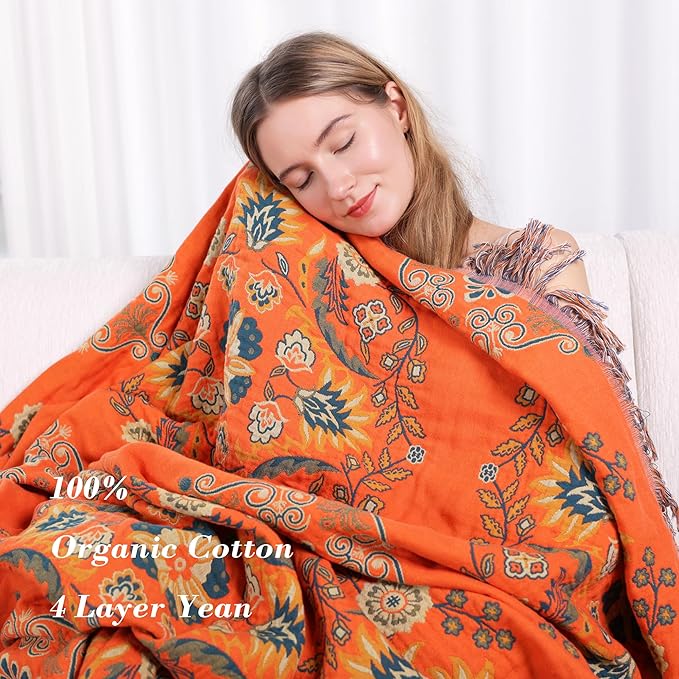 100% Cotton Throw Blanket, Muslin Breathable Soft Bed Quilt Orange Throw - Bohemian Floral Farmhouse Decor Blanket for Sofa Couch Chair and Gift. 50" x 60"
