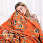 100% Cotton Throw Blanket, Muslin Breathable Soft Bed Quilt Orange Throw - Bohemian Floral Farmhouse Decor Blanket for Sofa Couch Chair and Gift. 50" x 60"