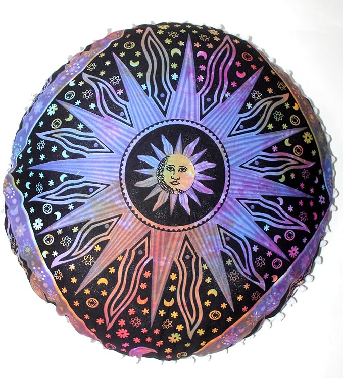 CRAFT KALA Large Round Bohemian Floor Pillow Pouf Cover Mandala Meditation Room Pillow Cover for Adults Boho Seating Poufs Cushion Cover for Kids Playroom 32" Round Multi Purple Burning Sun