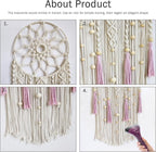 LB Boho Pink Macrame Wall Hanging Flower Dream Catcher Handmade Woven Cotton Tapestry with Wood beads Modern Aesthetic Wall Art Decor for Home, Bedroom, Living Room