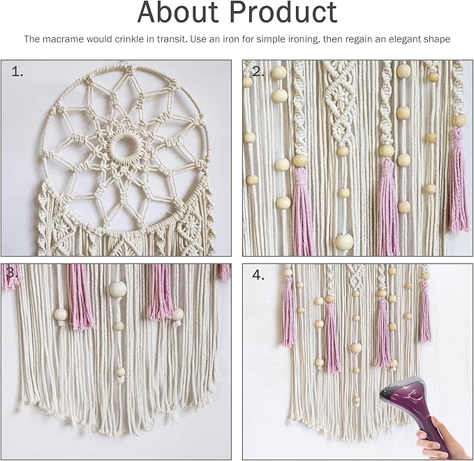 LB Boho Pink Macrame Wall Hanging Flower Dream Catcher Handmade Woven Cotton Tapestry with Wood beads Modern Aesthetic Wall Art Decor for Home, Bedroom, Living Room