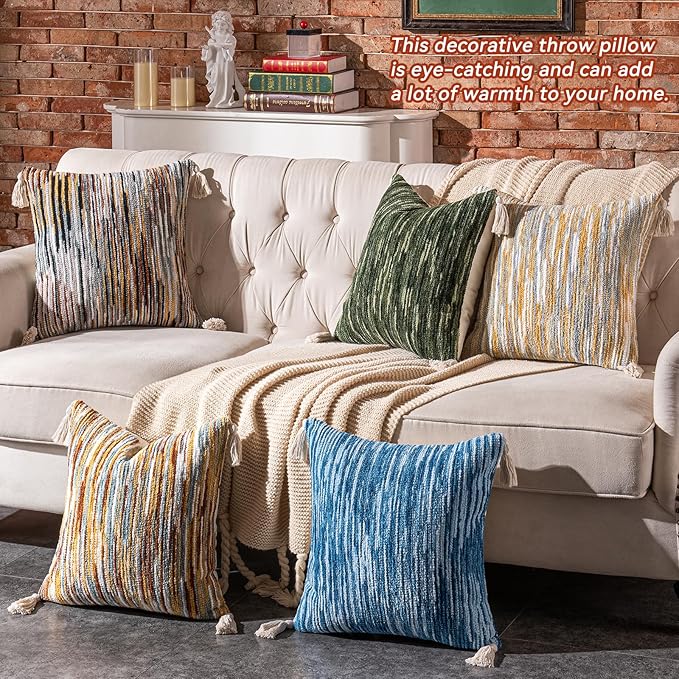 AmHoo Boho Throw Pillow Covers Set of 2 Decorative Bohemian Woven Tufted Striped Farmhouse with Tassels Textured Cushion Case Pillowcase Neutral for Sofa Couch Bed 18 x 18-Inch Sky Blue
