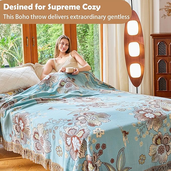 Boho Throw Blanket 80" x 90", 100% Organic Cotton Breathable Skin-Friendly Ultra Soft Bed Quilt Blue Throw - Floral Rustic Decor Luxury Reversible Blanket for Sofa Couch Chair and Gift,