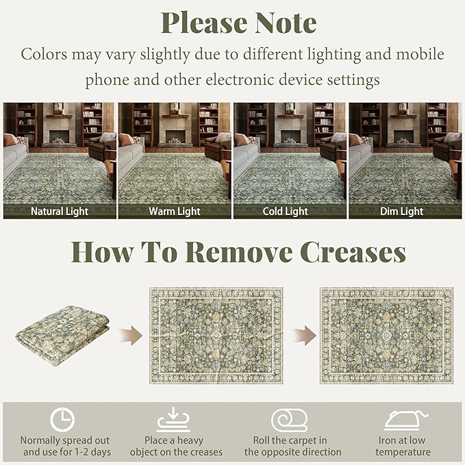 Washable Rugs for Living Room: 9x12 Area Rugs for Bedroom Ultral Soft Non-Slip Stain Resistant Vintage Boho Large Carpet for High-Traffic Dining Room - Farmhouse Decor