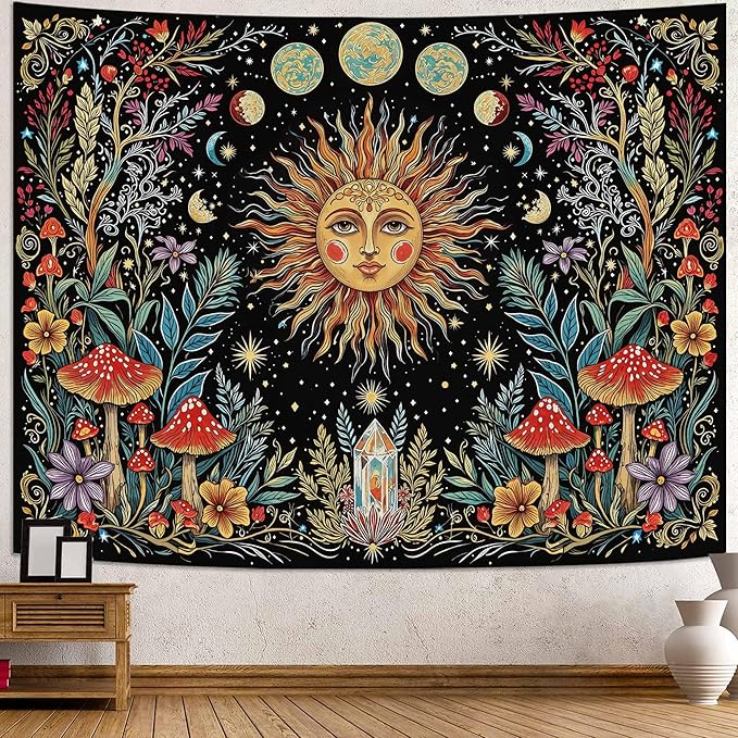Accnicc Boho Sun and Moon Tapestry Hippie Mushroom Floral Wall Tapestry for Bedroom Aesthetic Vintage Plant Celestial Spiritual Large Tapestries Wall Hanging for Dorm Living Room Decor 80 x 60 Inch