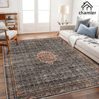 Area Rug 8x10 Washable Vintage Rug Traditional Mat Distressed Indoor Foldable Thin Retro Accent Floral Large Rugs Non Slip Carpet for Living Room Dining Room Office