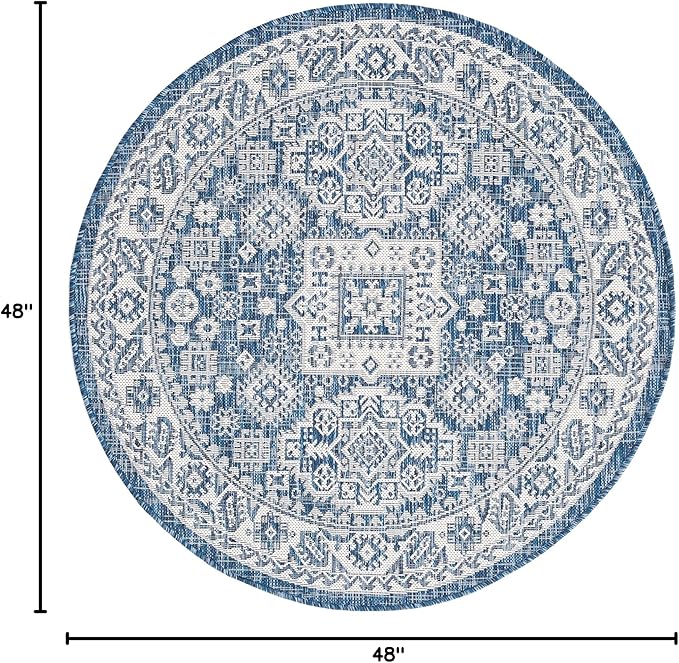 Rugs.com Outdoor Aztec Collection Rug – 4 Ft Round Blue Flatweave Rug Perfect for Kitchens, Dining Rooms
