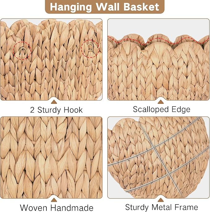 Wicker wall Basket, Scalloped Wall Basket Natural Water Hyacinth, Hanging Baskets for Organizing and Decor, Woven Storage Baskets for Door Mounted Entryway Flower Mail Plant Nursery