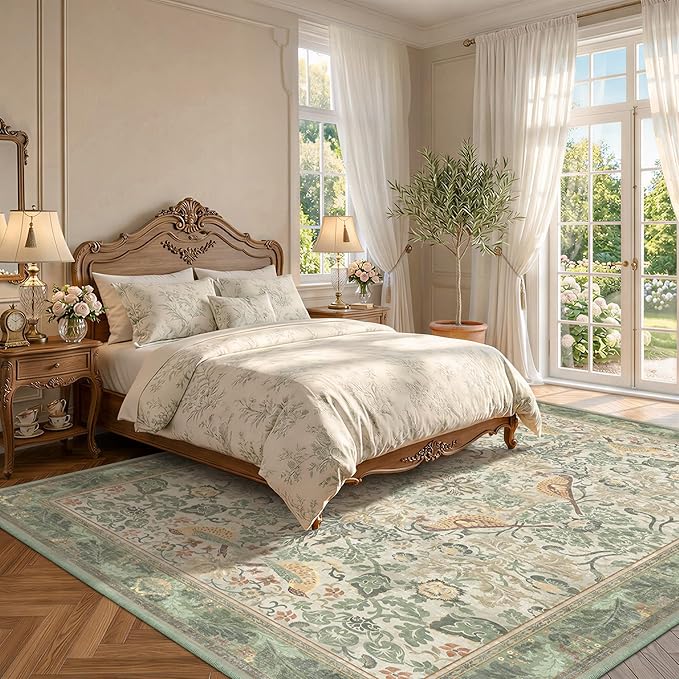 Washable Floral Bird Rugs for Living Room - Sage Green 8x10 Area Rugs for Bedroom Under Bed, Dining Room Kitchen Table Rug for Under Table, Nature Botanical Decor, Stain Resistant Non-Slip