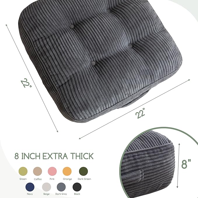 HIGOGOGO 8" Extra Thick Floor Pillow Cushion for Adults, Meditation Cushion Pillow, Large Square Floor Sitting, Tufted Corduroy Cover, for Tatami Living Room or Yoga, 22x22 Inch, Dark Grey