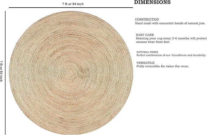 FRELISH DECOR Handwoven Jute Area Rug - 7 feet Round - Natural Yarn - Rustic Vintage Beige Braided Reversible Rug - Eco Friendly Rugs for Bedroom - Kitchen - Living Room - Farmhouse (7' Round)