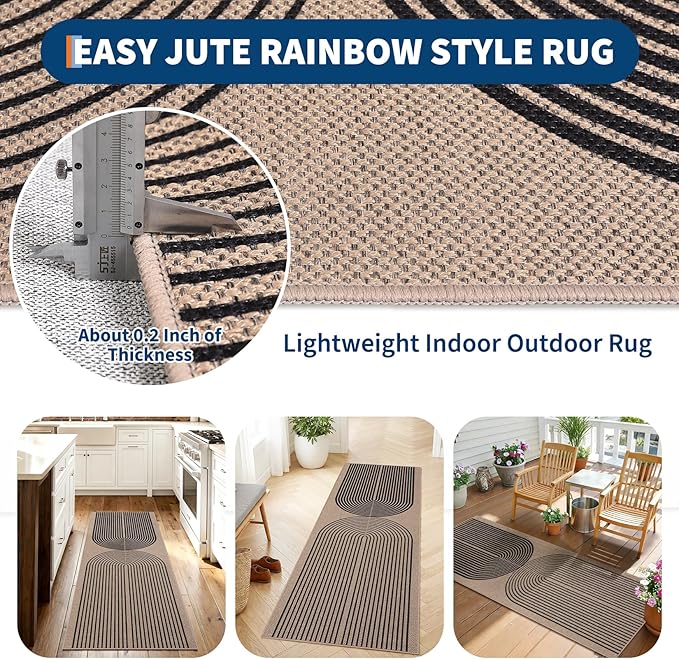 GarveeHome Easy Jute 2x8 Modern Rainbow Runner Rugs for Hallway Kitchen Bedroom Non Slip Indoor Outdoor Runner Door Mat for Laundry Porch